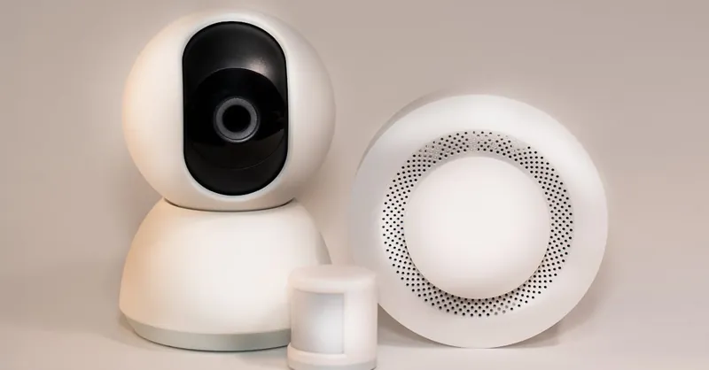 A collection of modern smart home security devices featuring cameras and sensors.