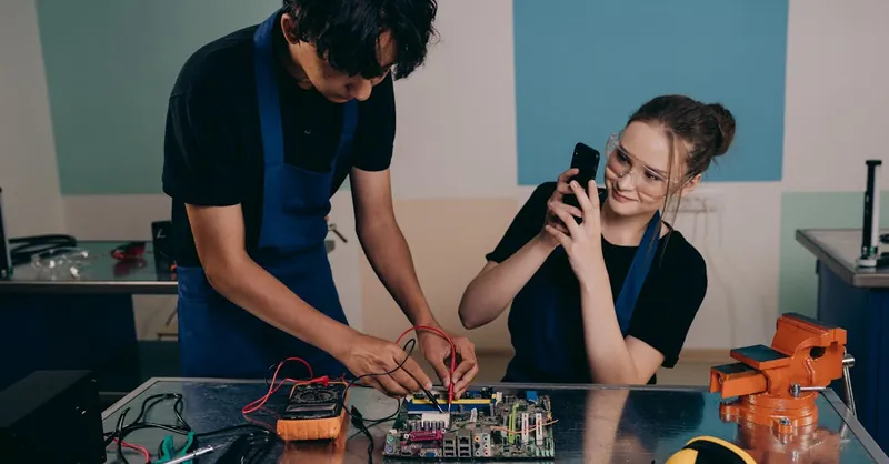 Two young adults testing a motherboard in a tech lab, capturing the process with a smartphone.
