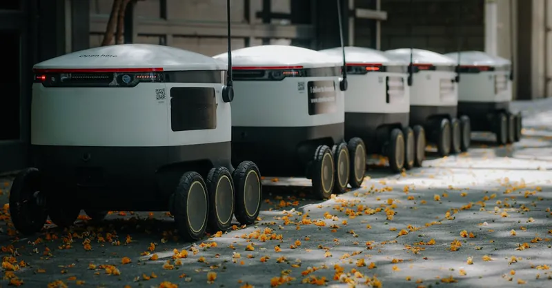 Futuristic delivery robots lined up outdoors, showcasing innovative modern technology.