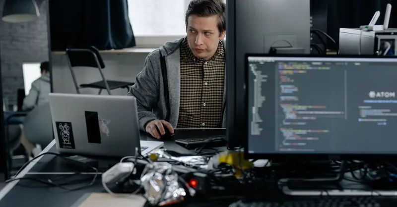 A programmer in a modern office working on computer code, showcasing a focused work environment.