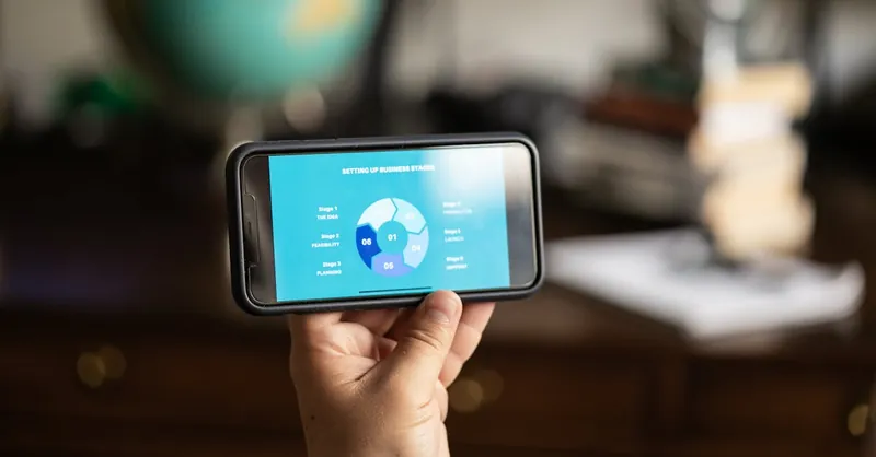 A hand holds a smartphone displaying a business strategy chart indoors.