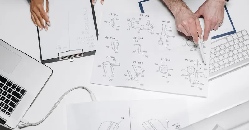 Two professionals collaborate on product design with technical diagrams and notes.