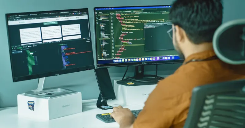 A software developer engaged in coding on dual monitors in a modern office setting.