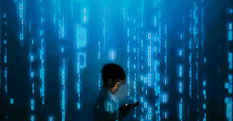 Silhouette of a person using a smartphone surrounded by digital binary code projections.