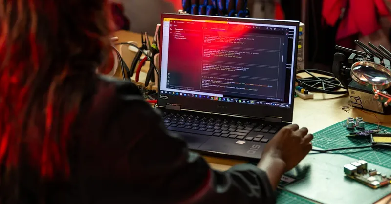 A software developer writing code on a laptop at a cluttered workbench with electronic tools.