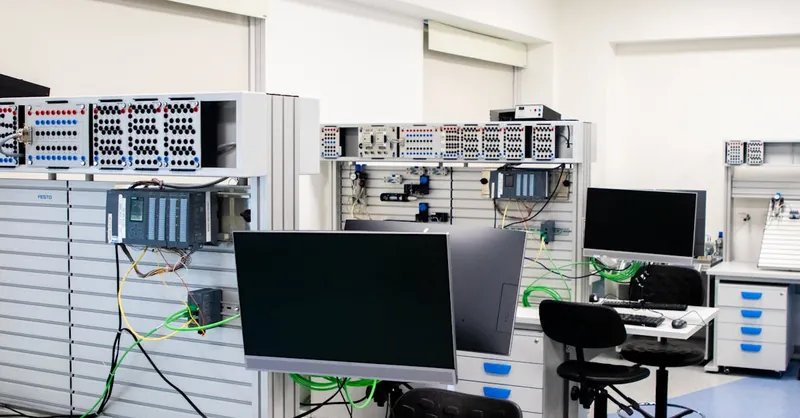 A contemporary computer lab with advanced workstations and electronic equipment, perfect for research and development.