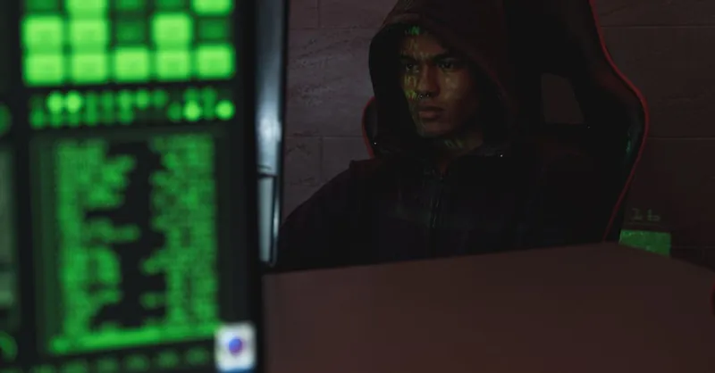 Hooded programmer intensely focused on computer screen, ensuring data protection and cyber security.