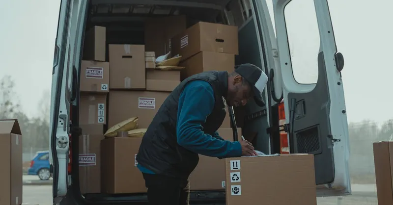 Delivery man sorting packages in van, organizing shipments for distribution.