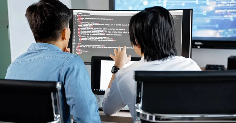Two developers working together in an office, discussing code on a screen. Technology teamwork setting.